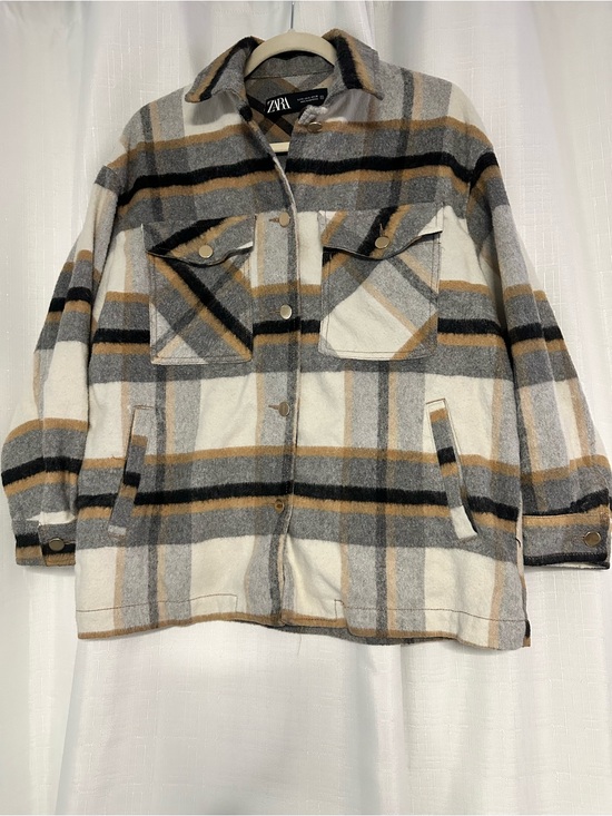 Zara Jackets & Blazers - ZARA Plaid Oversized Shacket Overshirt Jacket Cream Grey Camel S